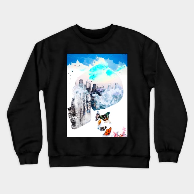 Mystic Skull beautiful blue sky city scape butterfly Crewneck Sweatshirt by Glass Table Designs